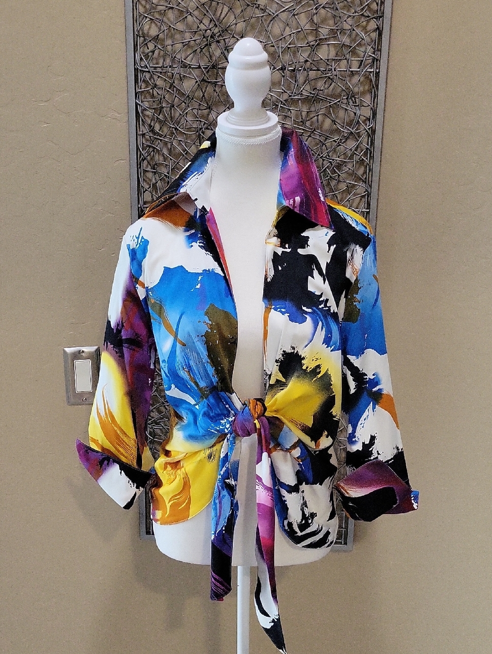 Finley Vibrant Abstract Print Tie-Front Blouse - Blue, Yellow, Purple